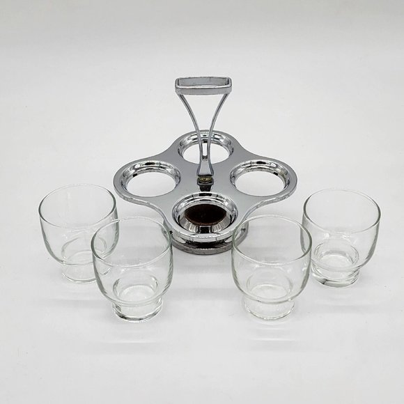 Vintage Metal and Teak Wood Condiment Caddy with Glass Bowls - Picture 3 of 6